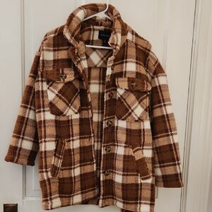 Brown and Cream Plaid Sherpa Coat